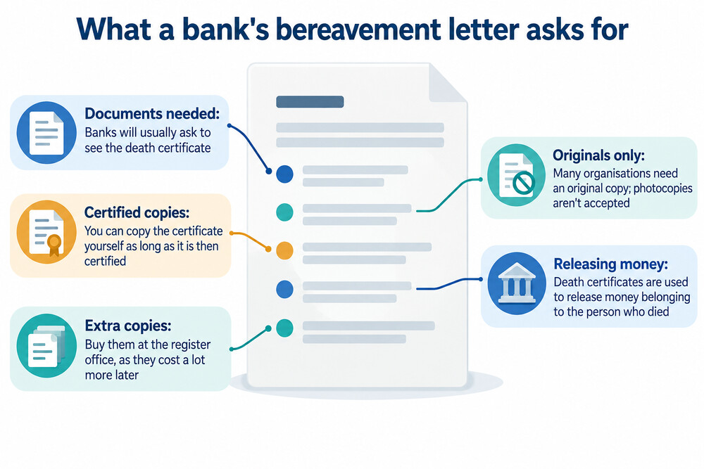 A sample letter notifying a bank of a customer's death, with the account holder's details and a request to freeze the account