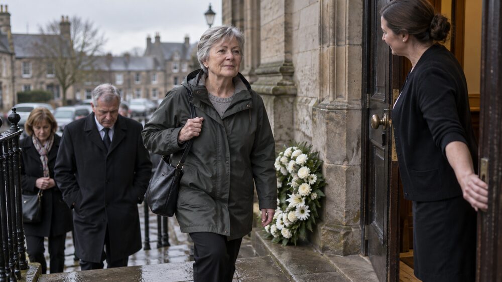 An older woman walks up the steps of a register office while a registrar holds the door open and a wreath rests nearby.