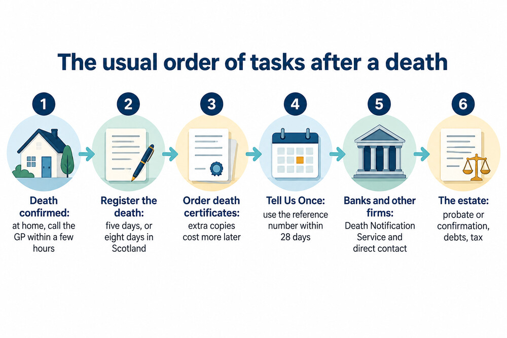 A checklist showing the order of tasks after a death, from the doctor's certificate to telling banks