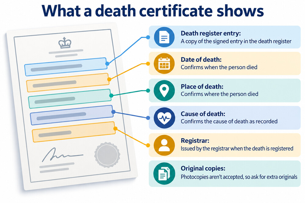 An example of a certified copy of a UK death certificate, showing the register entry details