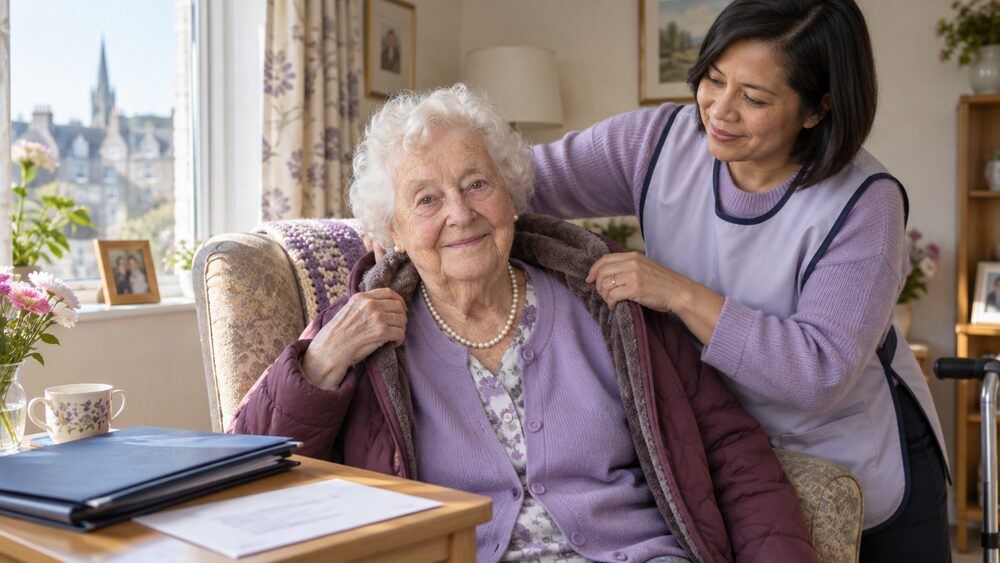 A care worker helps an elderly woman into a coat in a sunny living room, with a folder and letter on a side table.