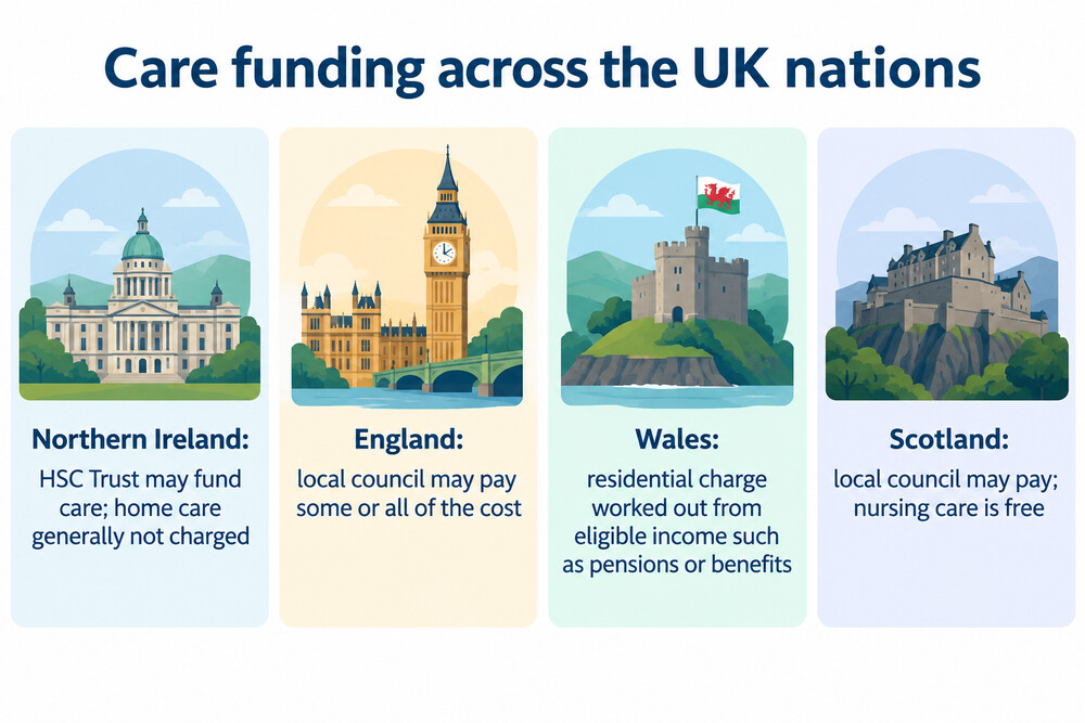 A side-by-side comparison of care funding in Northern Ireland, England, Wales and Scotland