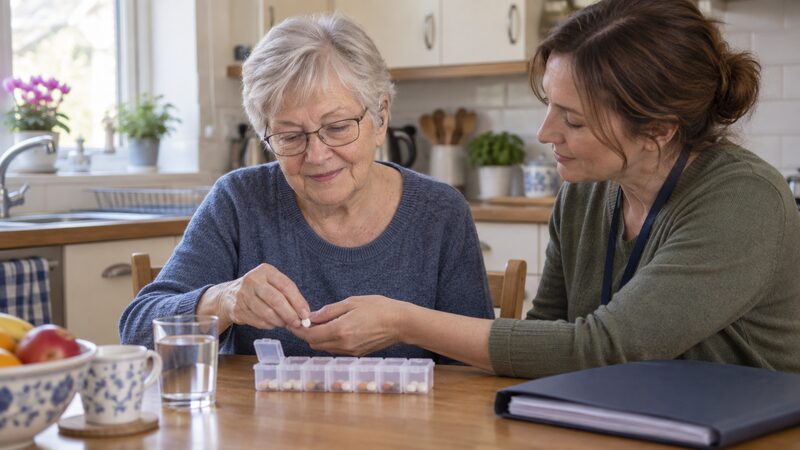 An older woman at a kitchen table takes a tablet from a pill organiser while a care worker steadies her hand.