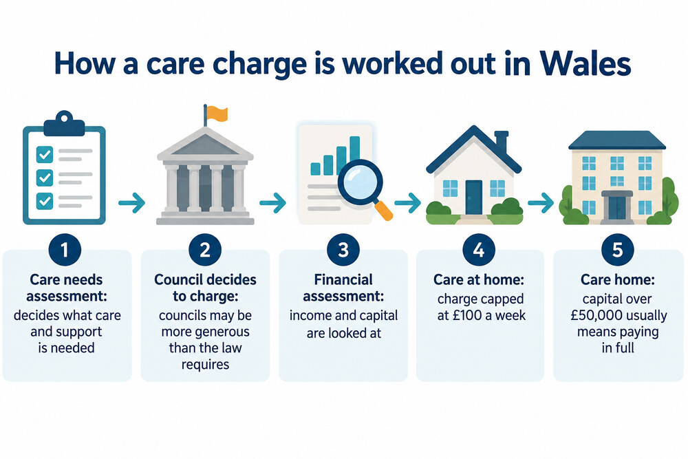 The steps in working out a care charge in Wales, from assessment to bill