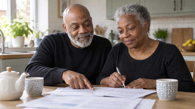 A social worker and an older person going through a financial assessment form together at a kitchen table
