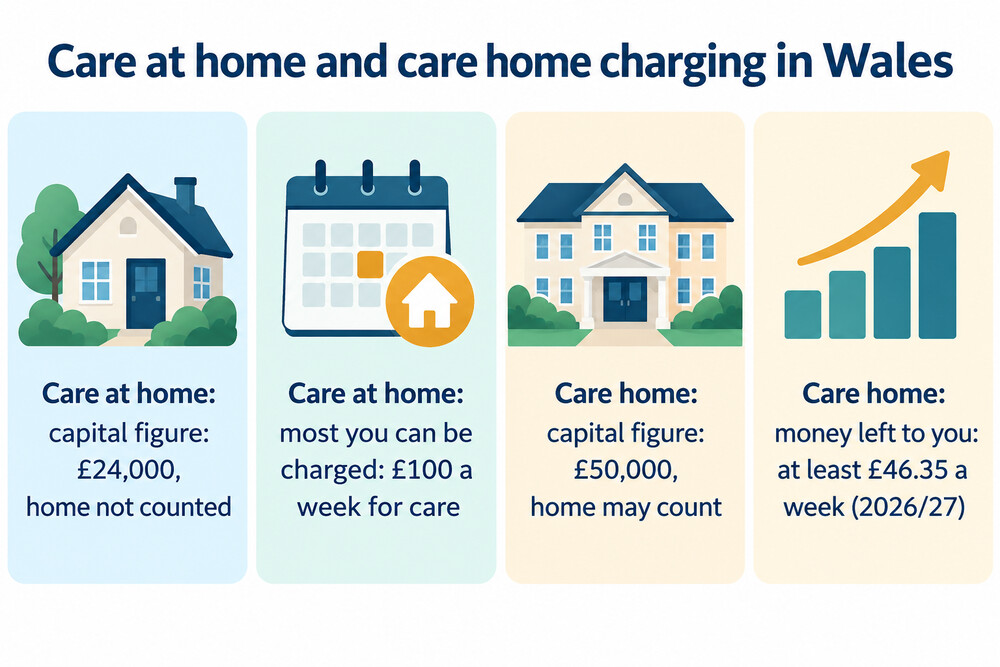 Side-by-side comparison of care at home and care home charging in Wales