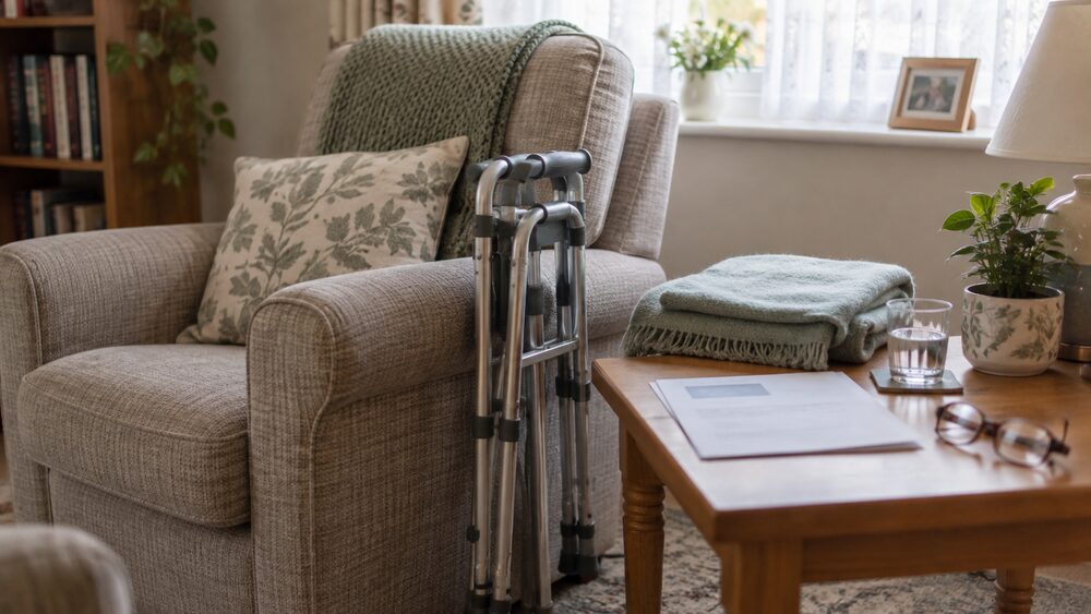 A folded walking frame beside an armchair in a living room, with a council letter and reading glasses on a side table.