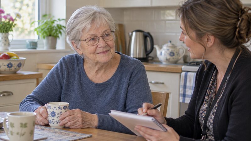 An older woman sits at a kitchen table while a social worker beside her holds a notebook and talks with her.