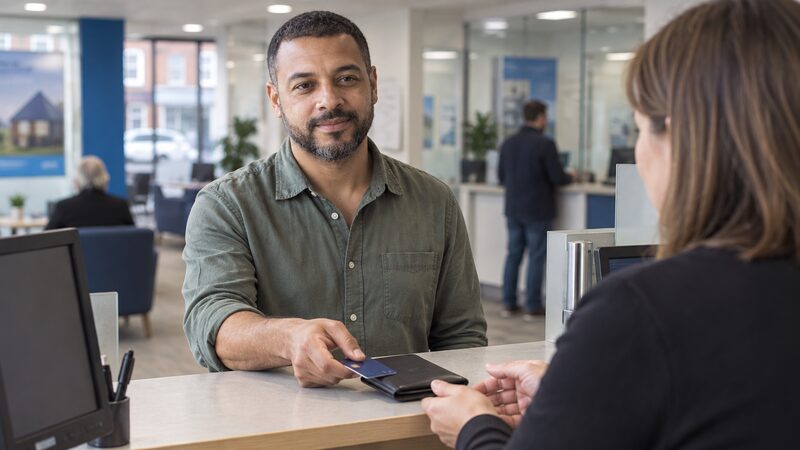 A man at a building society counter passes a bank card and document wallet to a staff member.