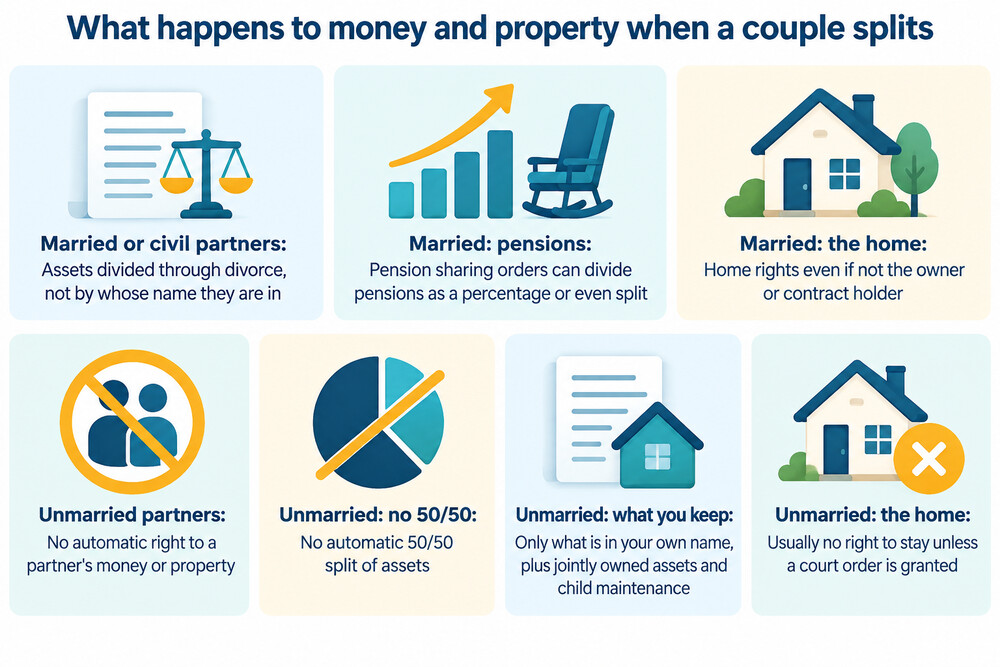 Two paths diverging, one showing a divorcing couple dividing pensions and property through court, the other showing an unmarried couple keeping their own assets