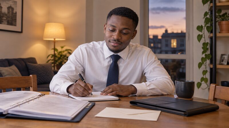 A young man sits at a dining table writing a list in a notebook beside an open folder of papers and an envelope.