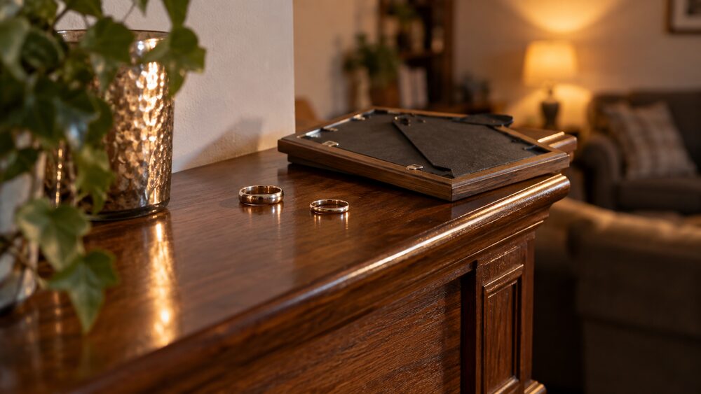 Two wedding rings lie apart on a mantelpiece beside a framed photo turned face down.