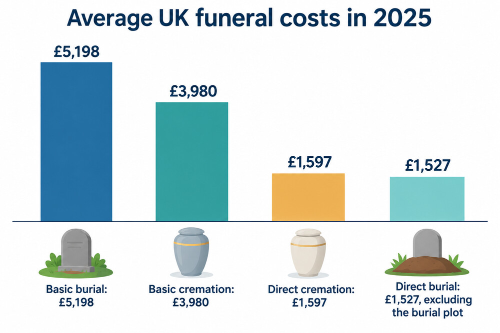 A bar chart comparing the average UK costs of a basic cremation, a basic burial, a direct cremation and a direct burial