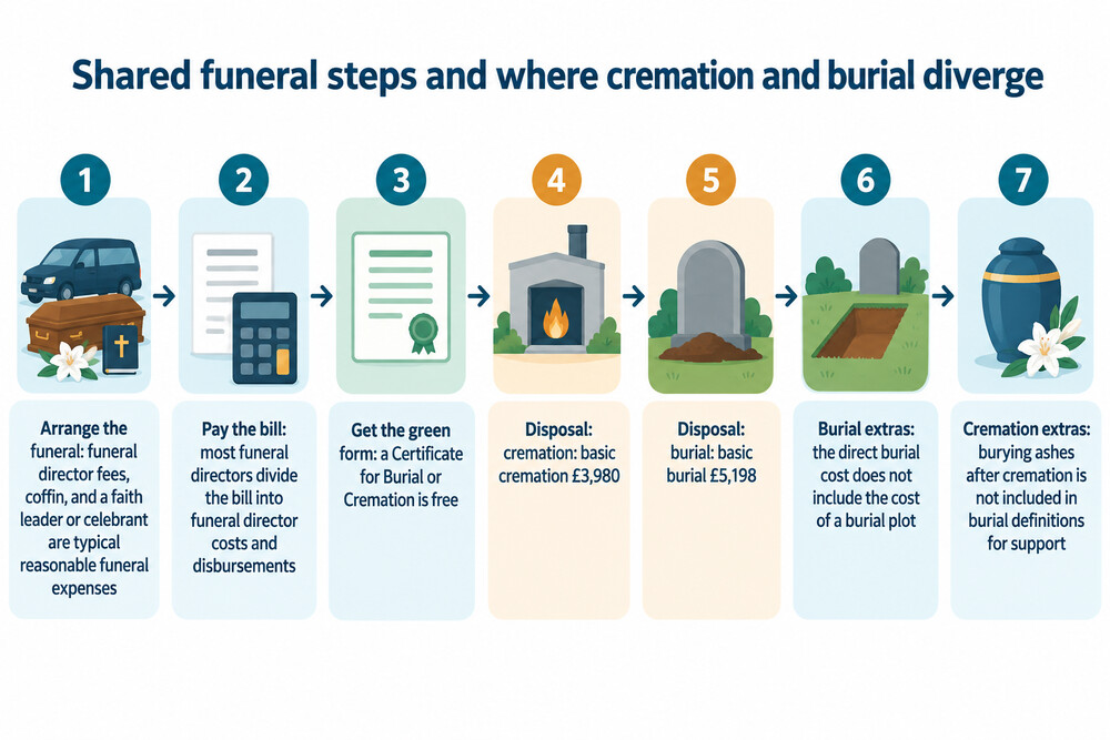 A simple diagram showing the shared steps of a funeral and where cremation and burial diverge