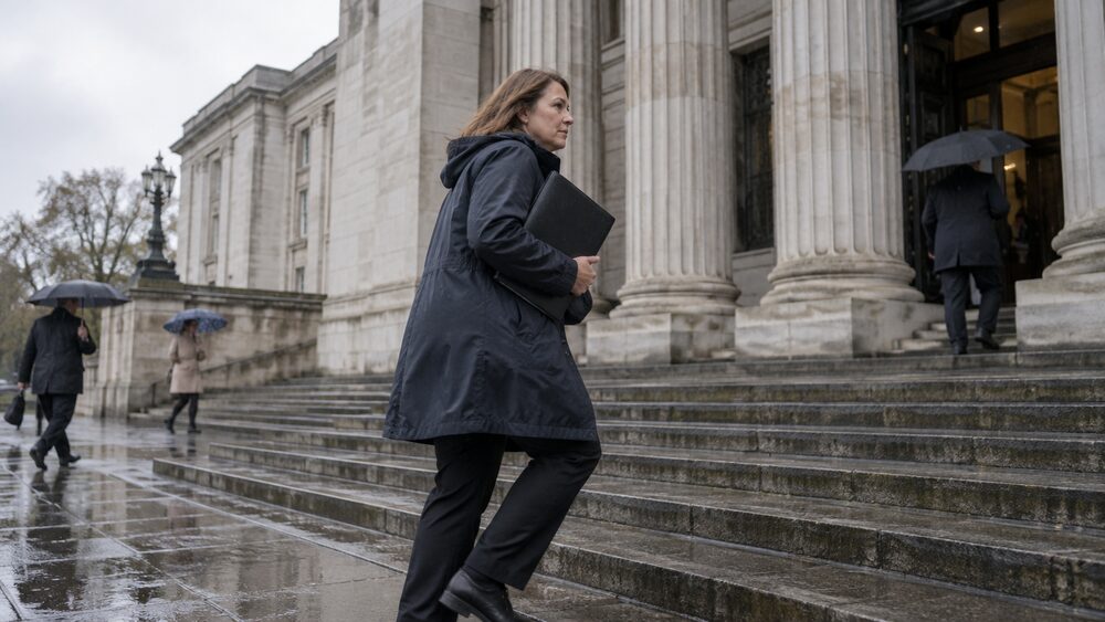 A woman in a rain mac climbs wet court steps carrying a document wallet, with figures under umbrellas behind.