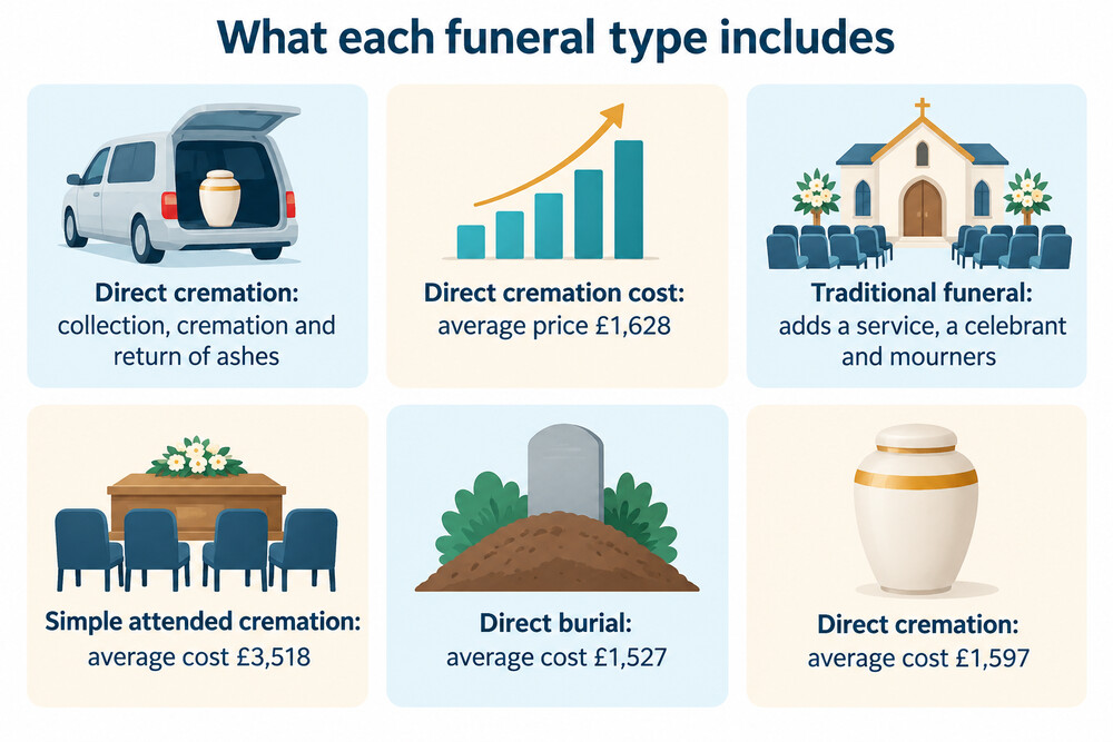 A side-by-side comparison of what a direct cremation and a traditional funeral each include