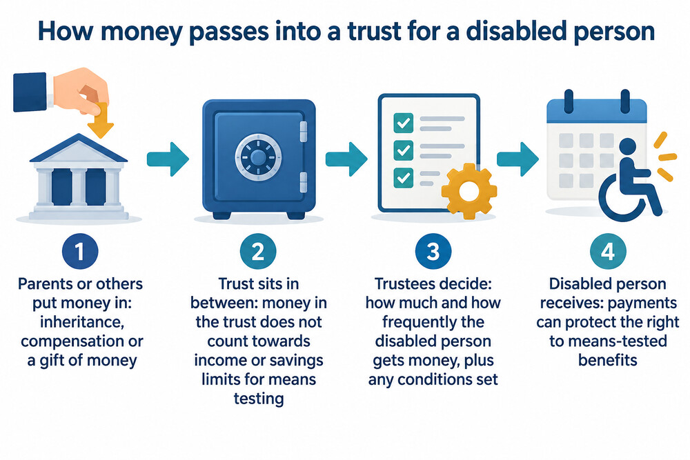 A simple diagram showing money passing from parents into a trust and then to a disabled person