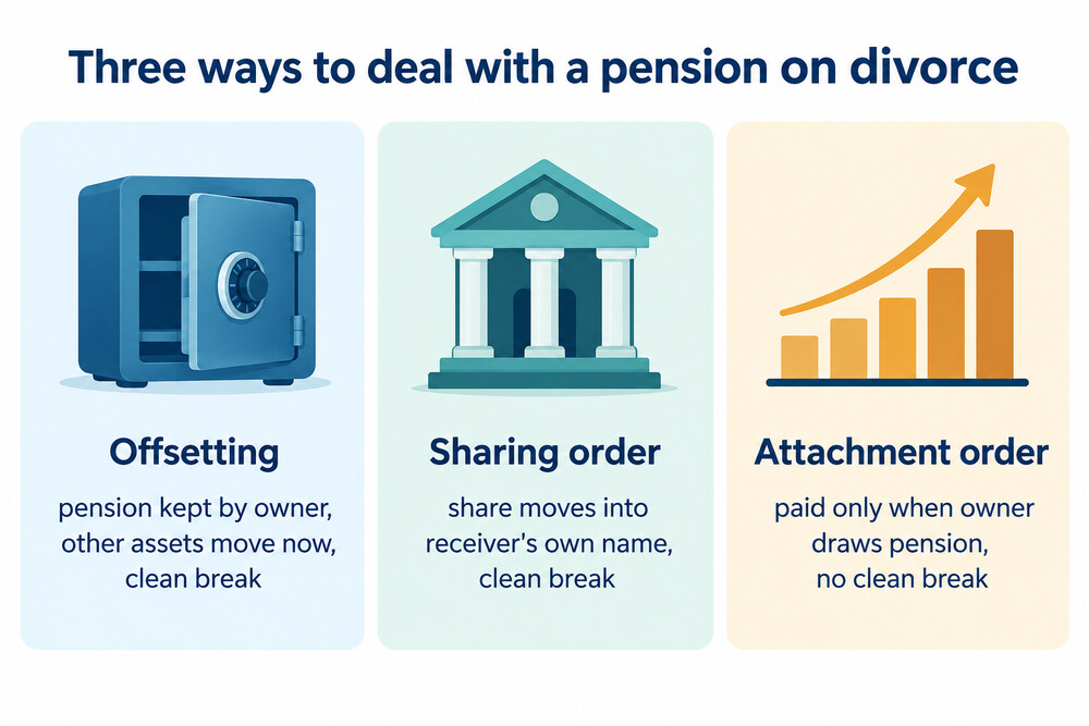 Comparison of pension offsetting, sharing and attachment on clean break, control and timing