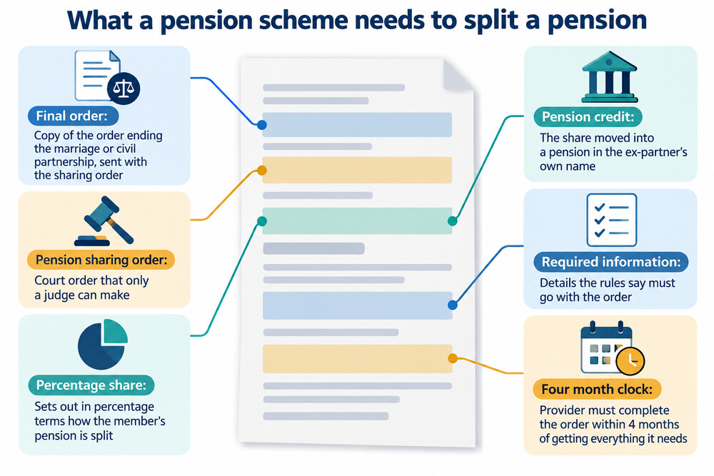 The paperwork involved in a pension sharing order: the divorce decree, the court order and the scheme's administration charge