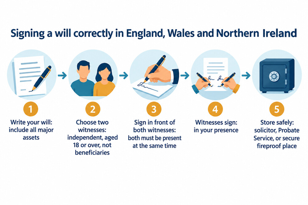 A diagram showing the steps to sign and witness a will correctly