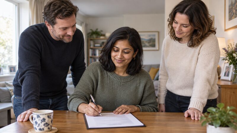 A woman signs a document at a table while two adult witnesses stand either side of her watching.
