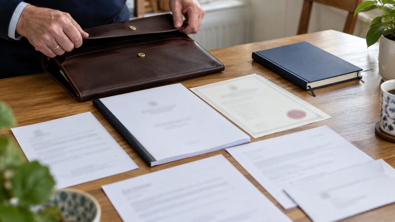 A person sorting through a deceased relative's paperwork, bank statements and documents at a desk