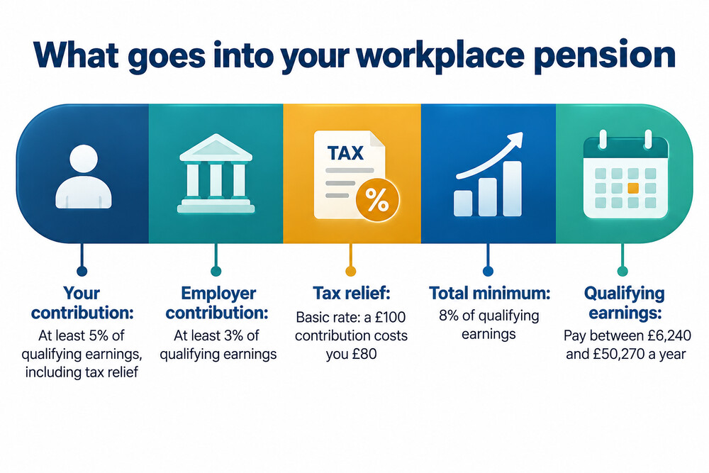 A first payslip with gross pay at the top and deductions for tax, National Insurance and pension listed below