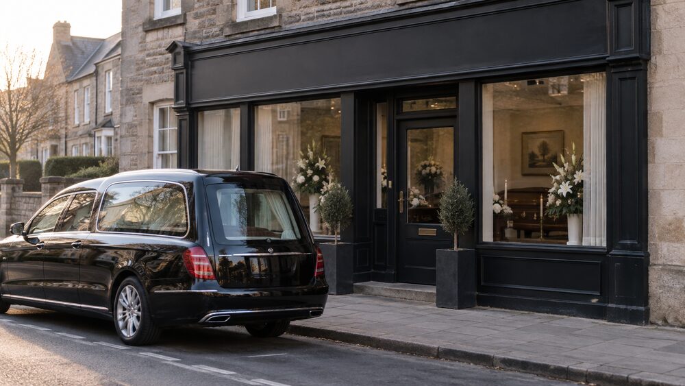 A funeral directors' shopfront with a black hearse parked outside on a quiet high street.
