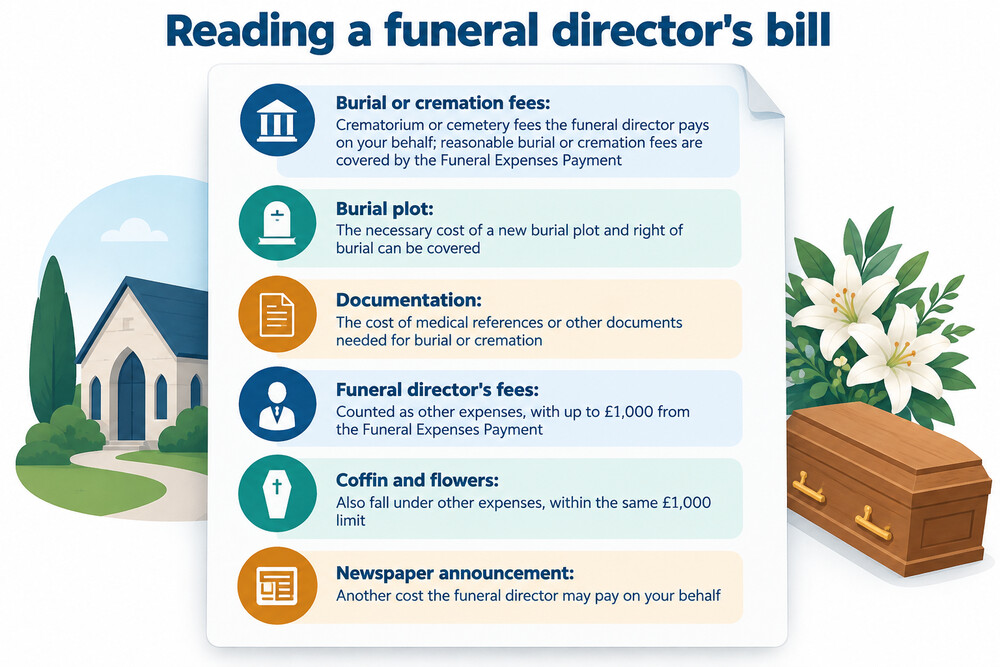 An itemised funeral director's invoice showing burial fees, the coffin and professional charges