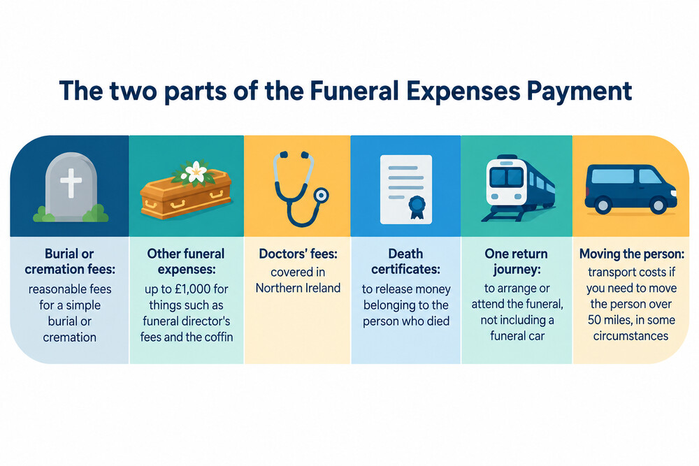 A simple diagram showing the two parts of the payment: burial or cremation fees, and a £1,000 cap on other costs