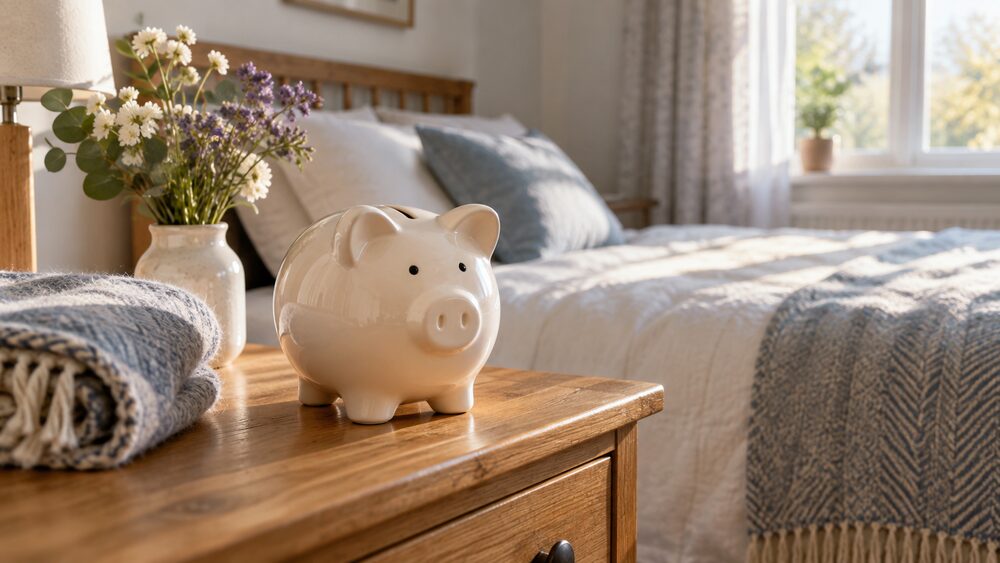 A ceramic piggy bank stands on a bedside table beside a folded blanket and a small vase of flowers.