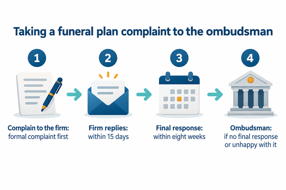 The steps from complaining to a funeral plan firm to the ombudsman's decision