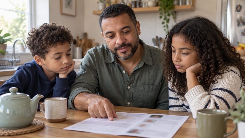 A man and two children look at a printed price list at a kitchen table.