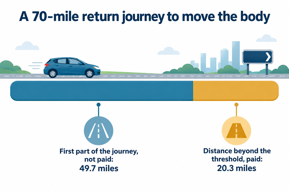 How the payment treats a long journey to move the body: the first 49.7 miles unpaid, the distance beyond that paid