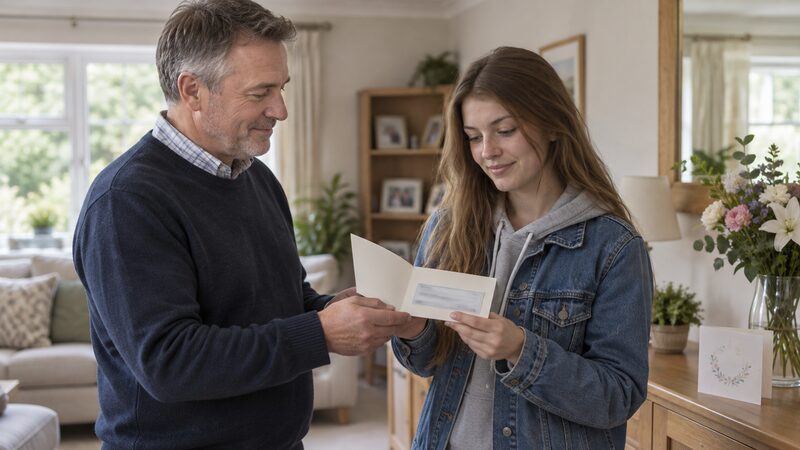 A parent handing an envelope of money to their adult child before the wedding