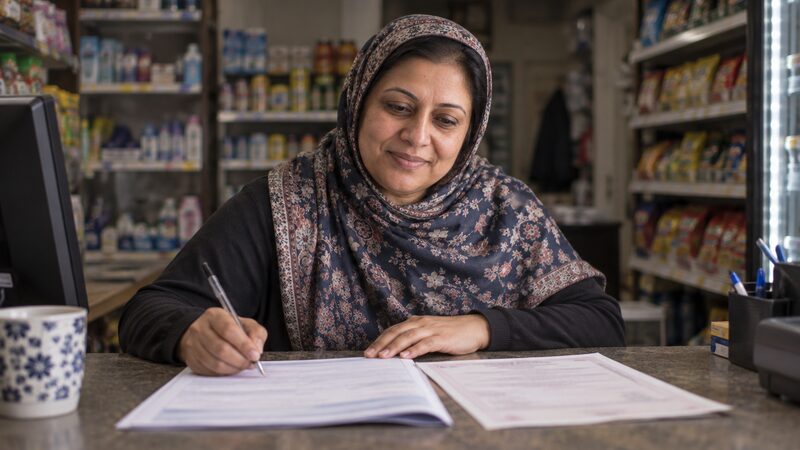 A woman at a shop counter completes a maternity allowance claim form with a pen.