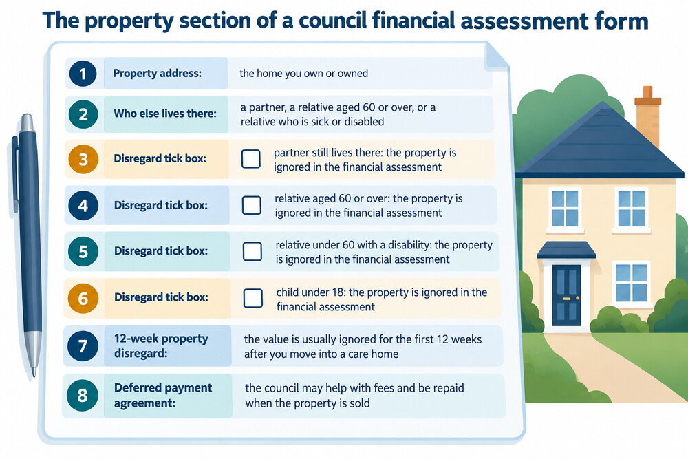 A council financial assessment form showing the property section and the disregard tick boxes