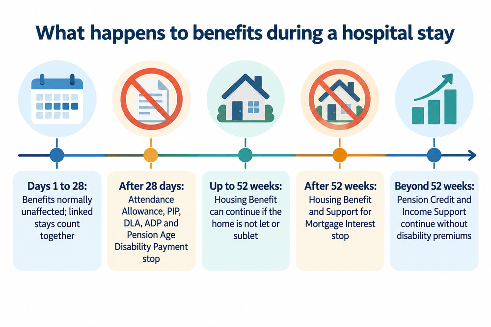 How benefits change during a hospital stay, from admission to one year
