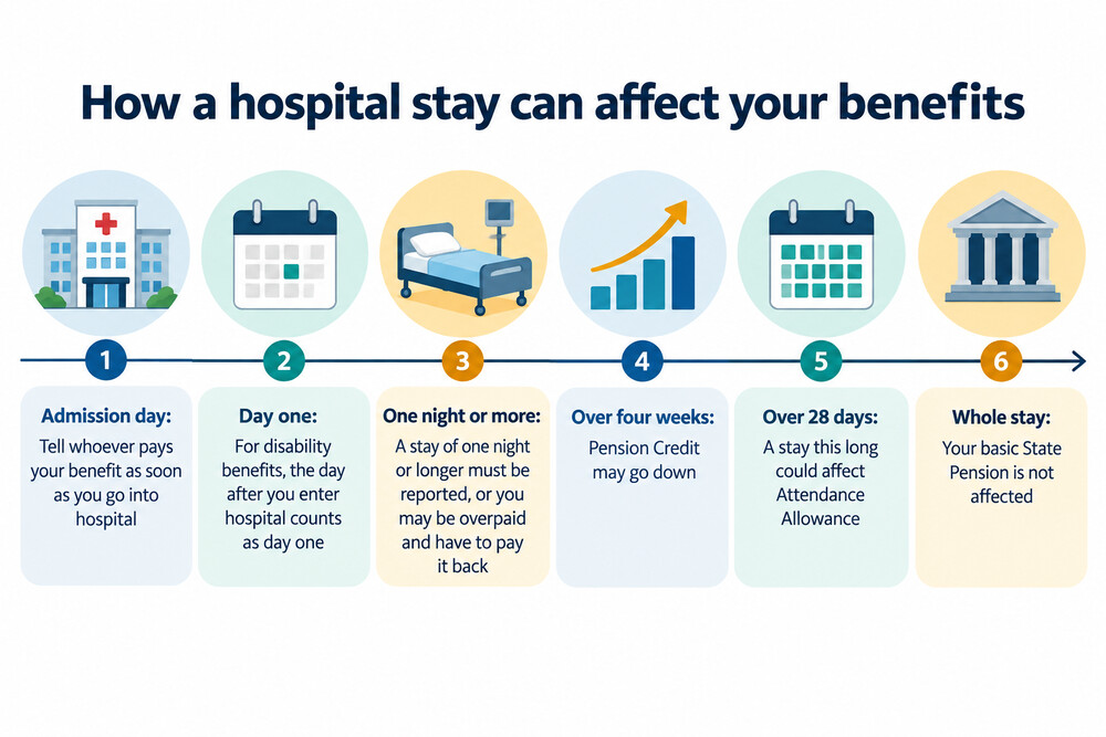 A calendar page marking the days of a hospital stay, with benefit payment icons stopping after 28 days
