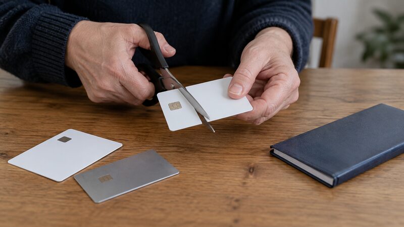 Hands cut a blank plastic debit card in half with scissors on a wooden table.