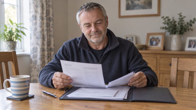 A man sits at a dining table sorting employment papers into an open folder.