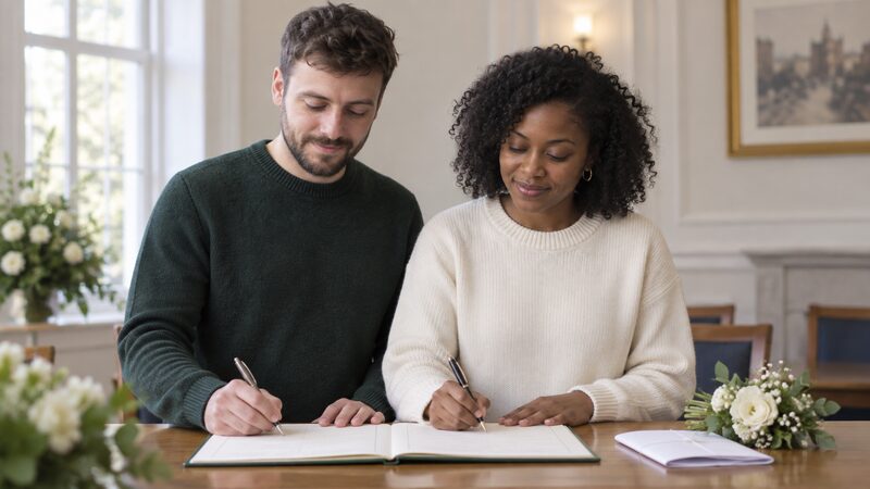 A couple stand at a table in a registry office signing the marriage register.