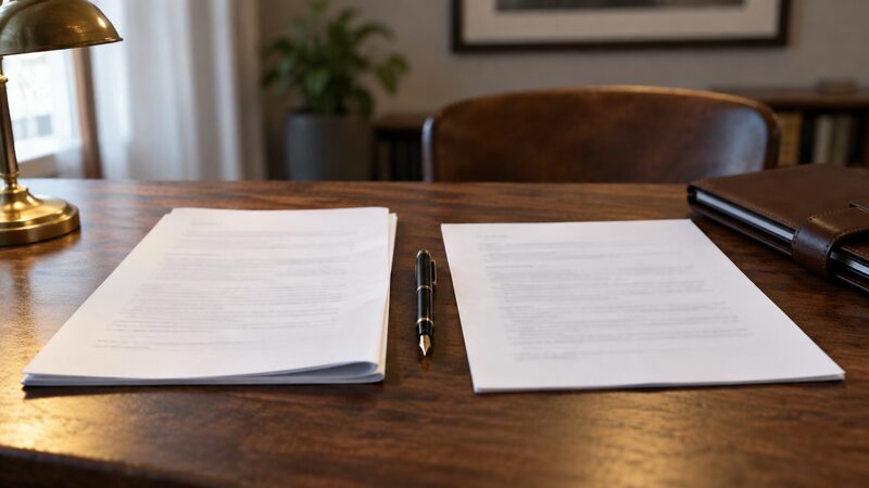 Two documents lie side by side on a wooden desk with a pen resting between them.