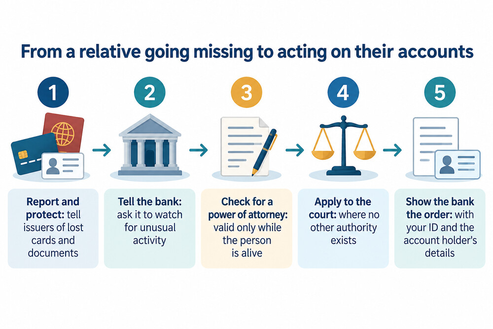Diagram of the steps from a relative going missing to a court order being accepted by a bank