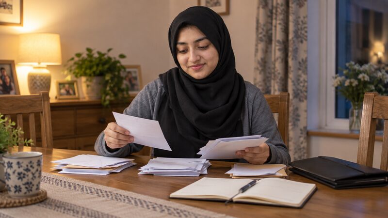 A family member sorting through a missing relative's paperwork, bills and bank statements at a desk
