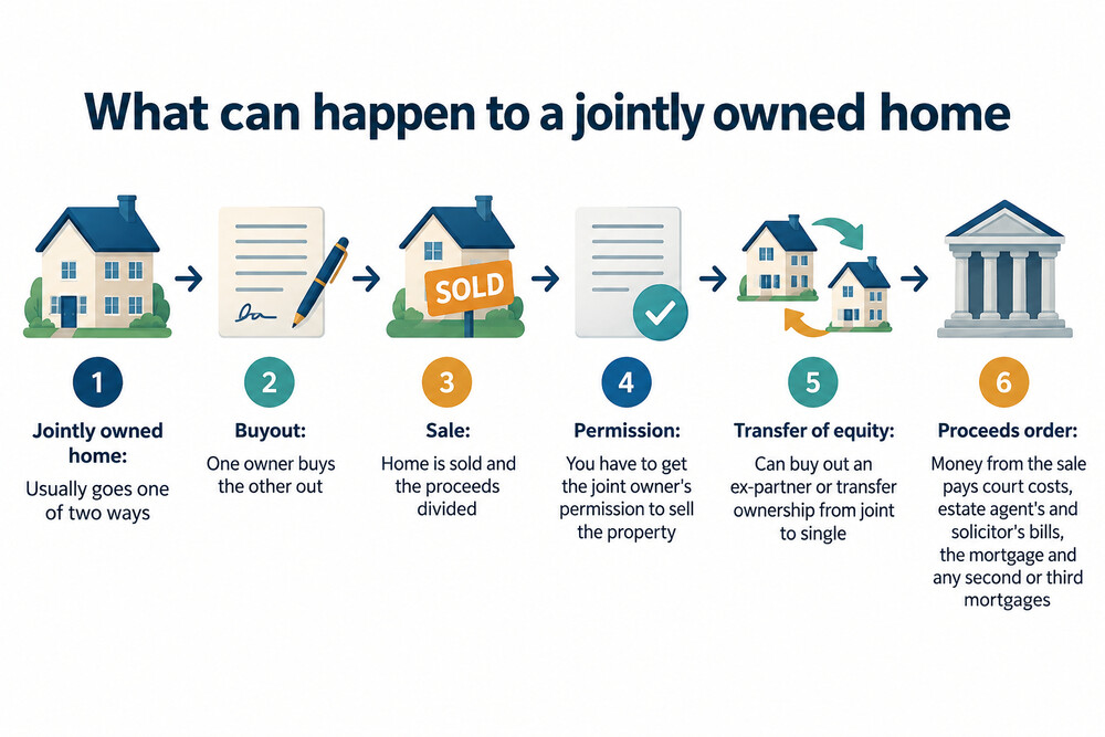 A simple diagram showing a jointly owned home splitting into two routes, one labelled buyout and one labelled sale