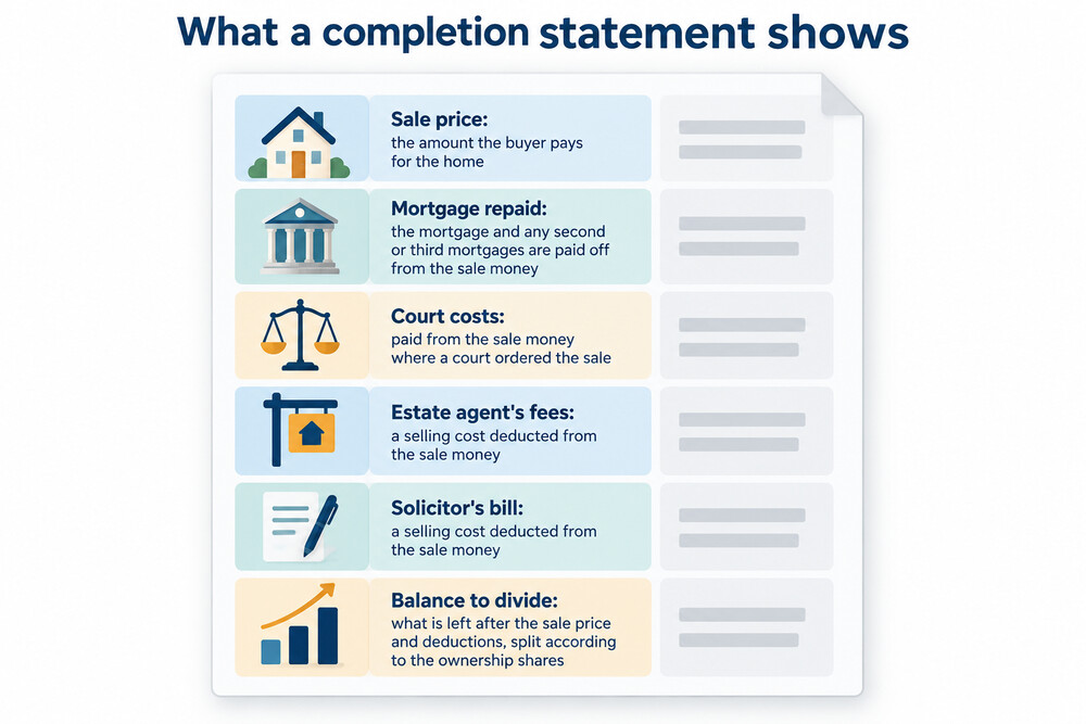 A document a seller receives: a completion statement from a solicitor showing the sale price, mortgage repayment, fees and the balance to divide