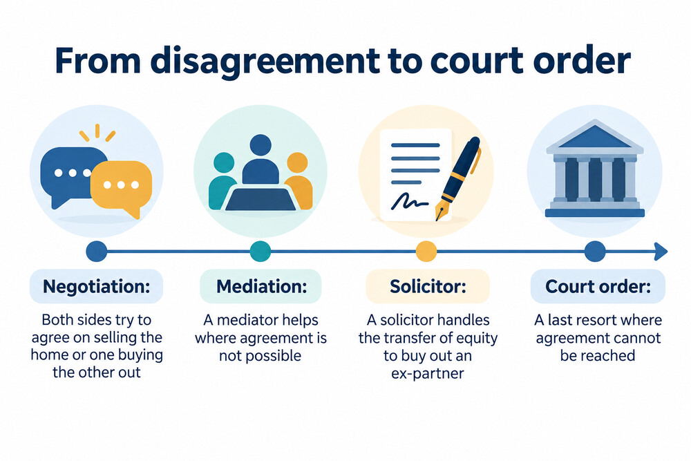 A timeline showing the steps from disagreement to resolution: negotiation, mediation, solicitor, court order