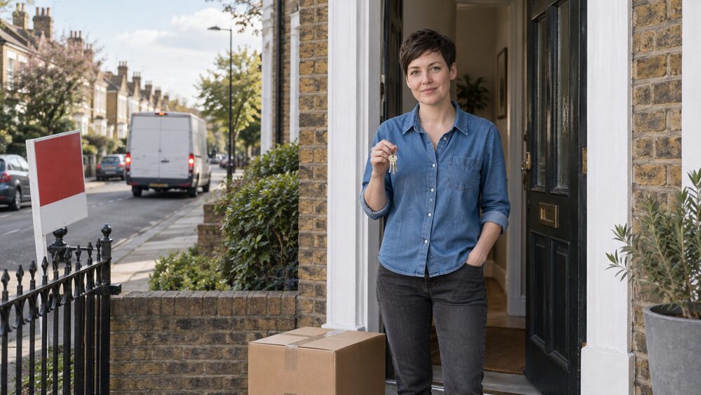 A woman stands in her open front doorway holding house keys, a box at her feet, as a removal van drives away.