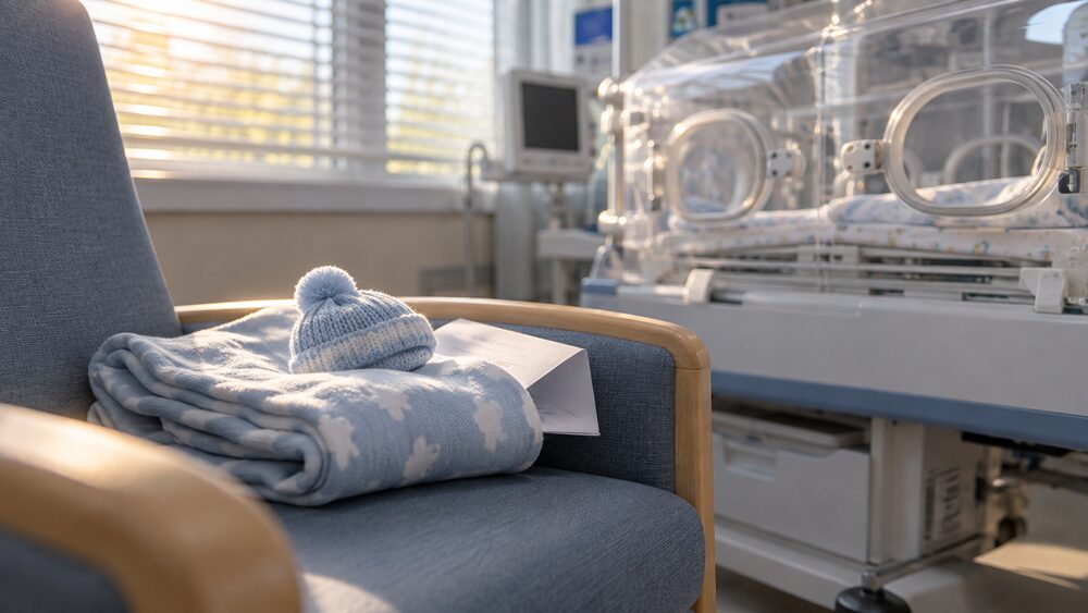 A folded baby blanket and tiny knitted hat rest on a hospital chair beside an incubator in soft light.